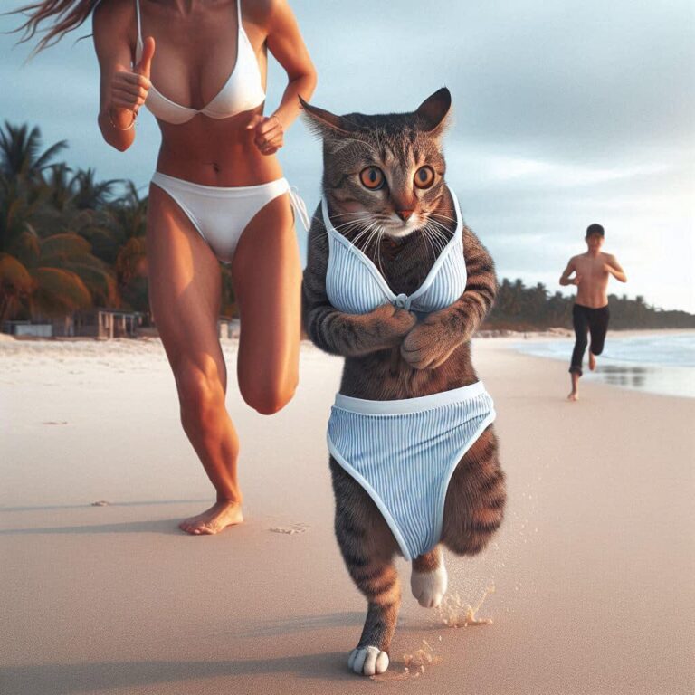Cat Running on Beach With Underwear Chased by Woman