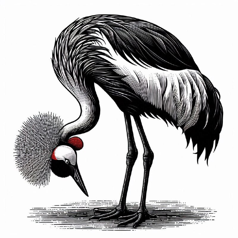 Red-Crowned Crane Foraging Woodcut Illustration