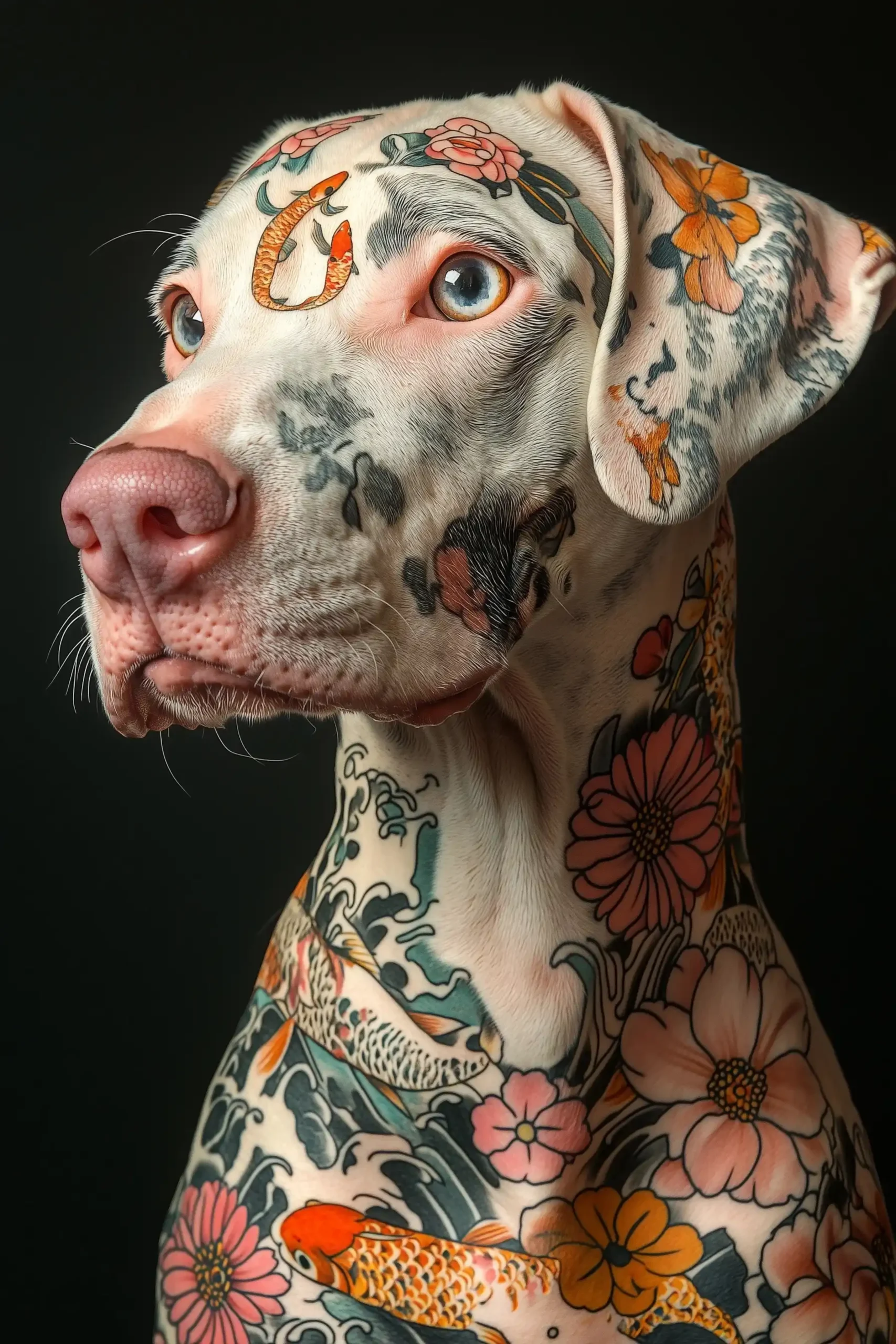 Albino Doberman with Tattoos