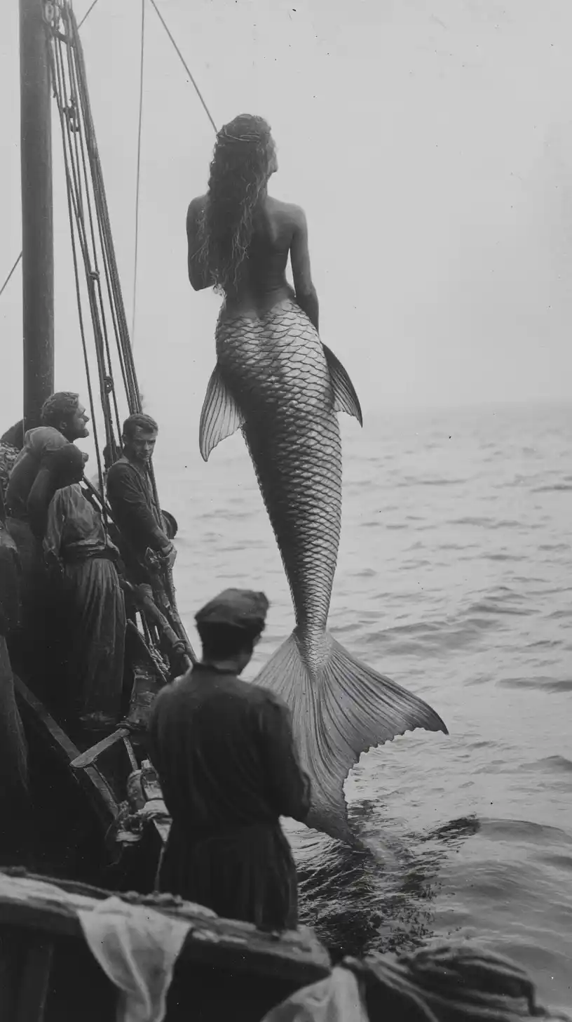 Vintage Mermaid Fishing Scene