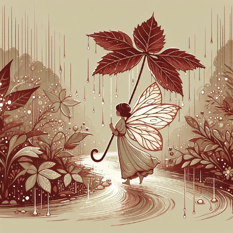 Little Fairy With Maple Leaf Umbrella in the Rain