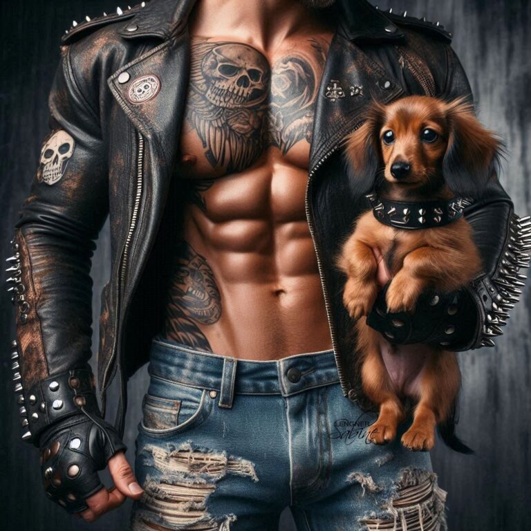 Rocker in Leather Jacket Holding Dachshund Puppy