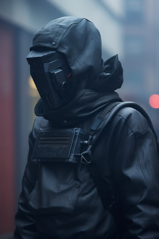 Matte Black Robot Head in Dystopian Street Movie Still