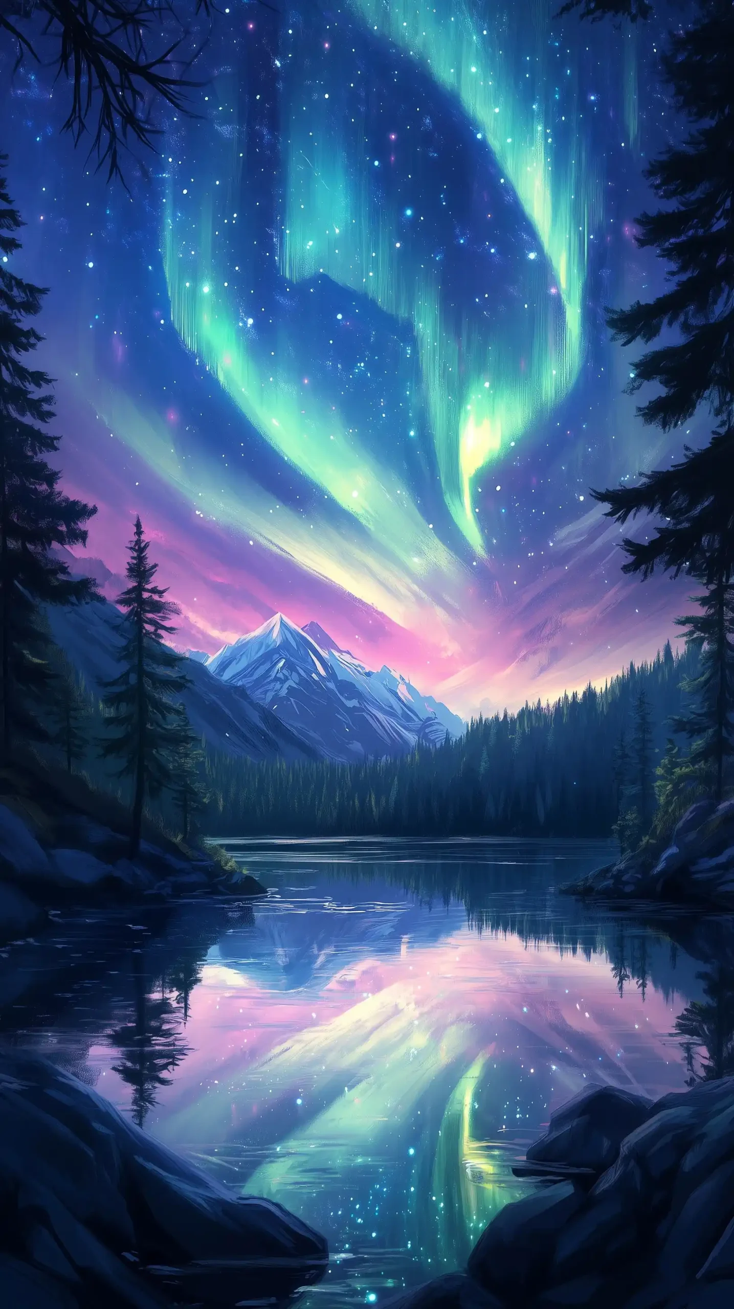 Anime Aurora Over Forest