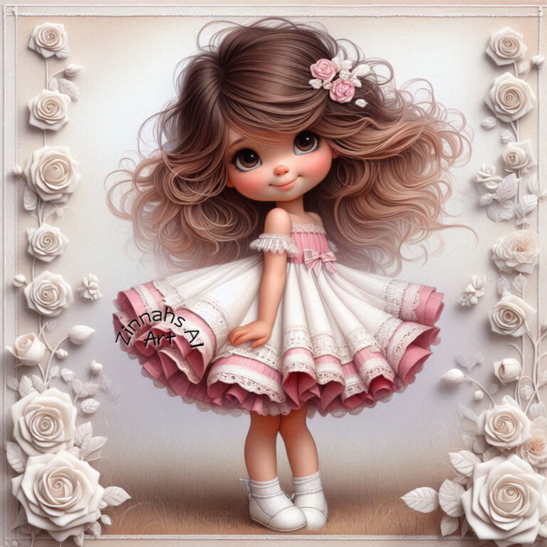 Storybook Girl With Coy Smile in Pink Layered Dress