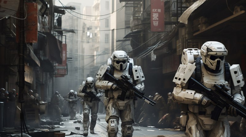 Sci-Fi Soldiers Marching Through Dystopian Street