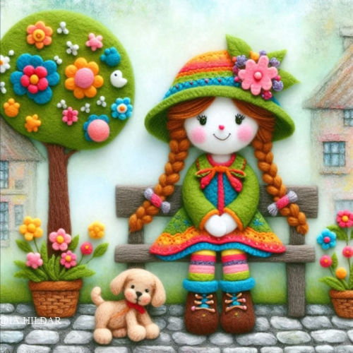 Felt Art Girl in Colorful Dress on Stone Sidewalk