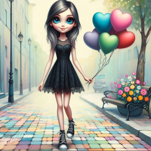 Smiling Girl in Lace Dress on Flowered Sidewalk