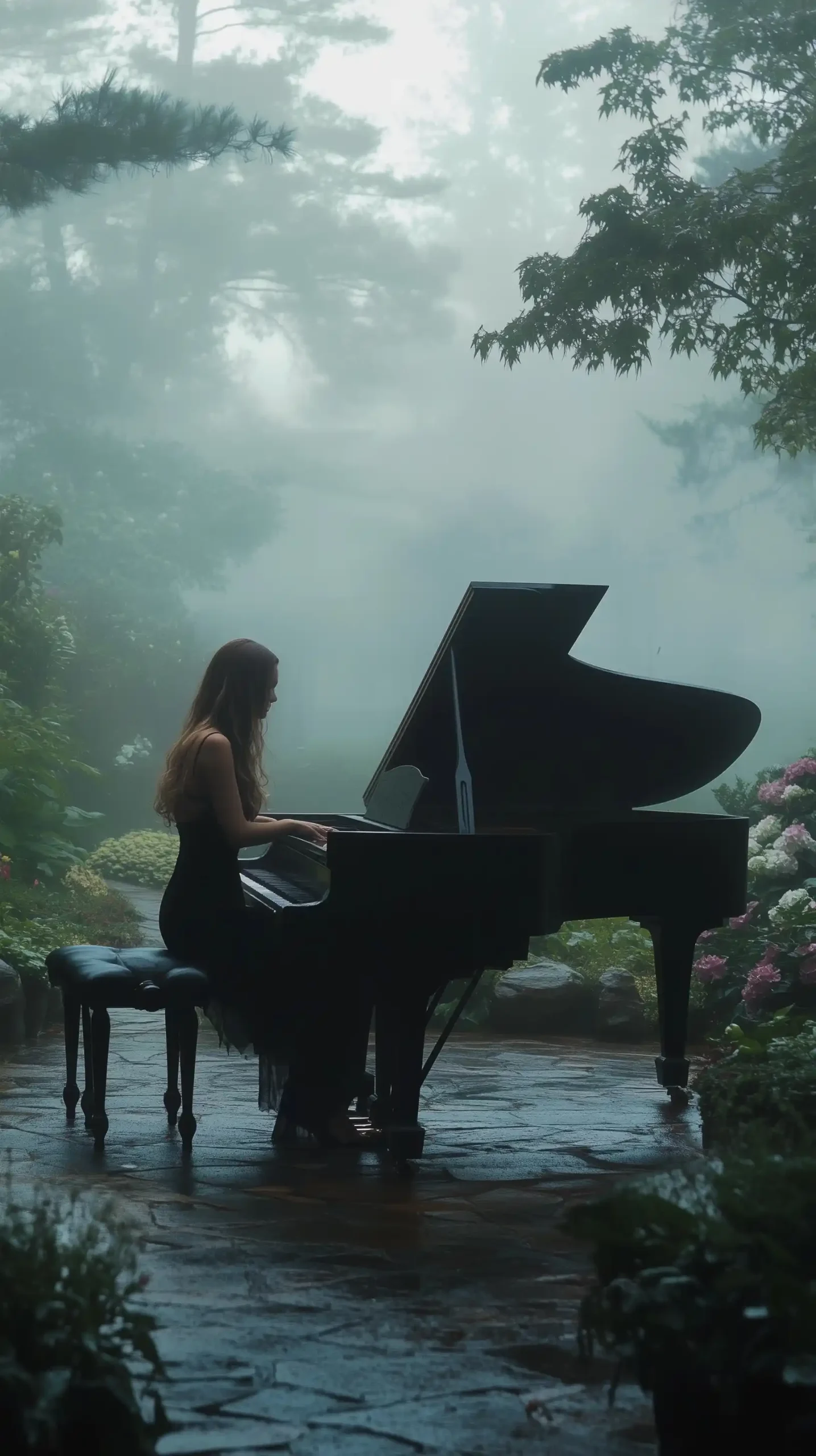 Cinematic Piano in Foggy Garden