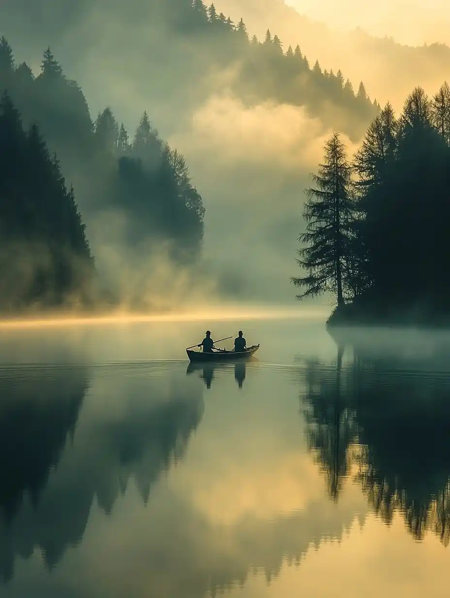 Ancient Boat on Foggy Lake