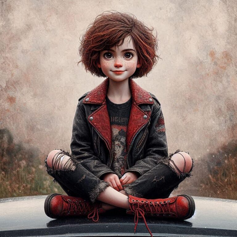 Shy Freckled Redhead in Leather Jacket on Car Bonnet