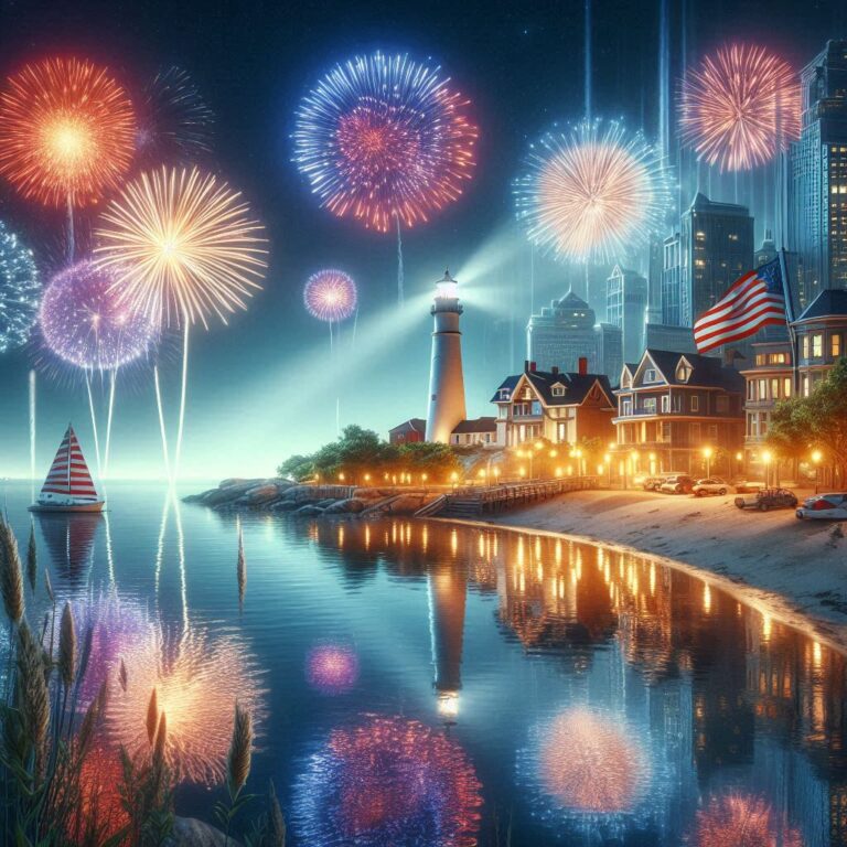 Coastal City Fourth of July Fireworks With Lighthouse
