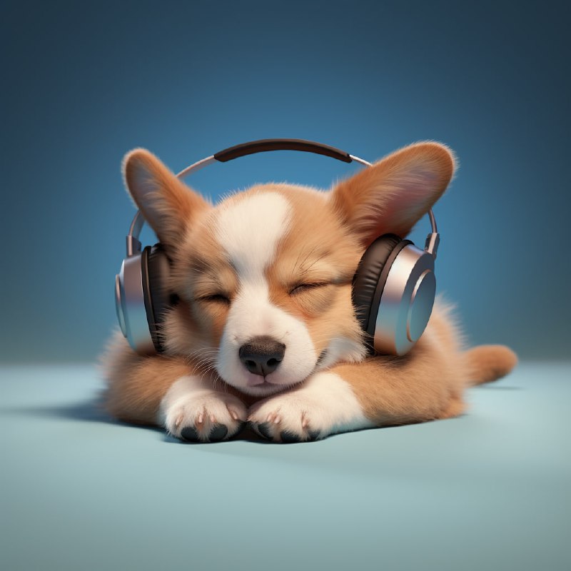 Sleeping Corgi Wearing Headphones on Soft Blue