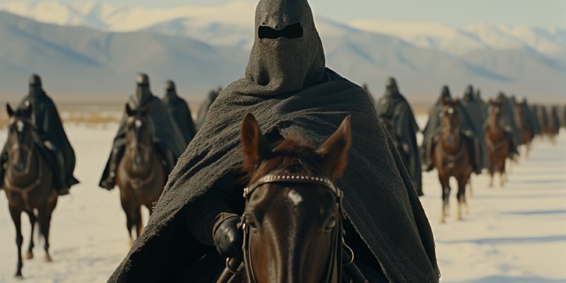 Black-Cloaked Rider on Warhorse Across Snowy Wasteland