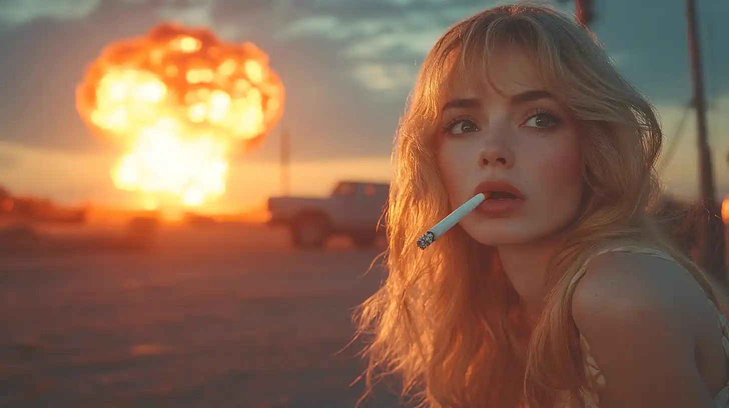 Cinematic Woman Watching Explosion