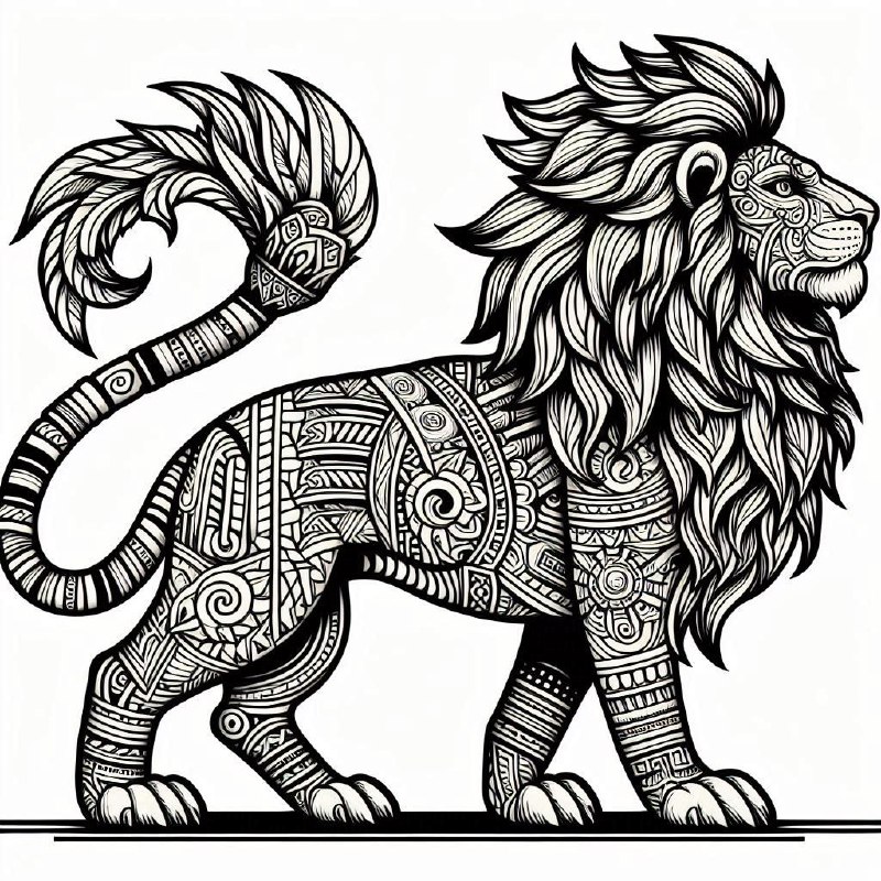 Aztec Style Lion Thick Ink Coloring Book Art
