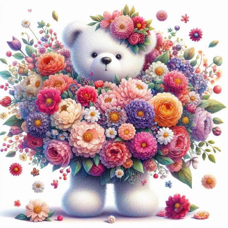 Tiny Teddy Bear Holding Huge Floral Bouquet