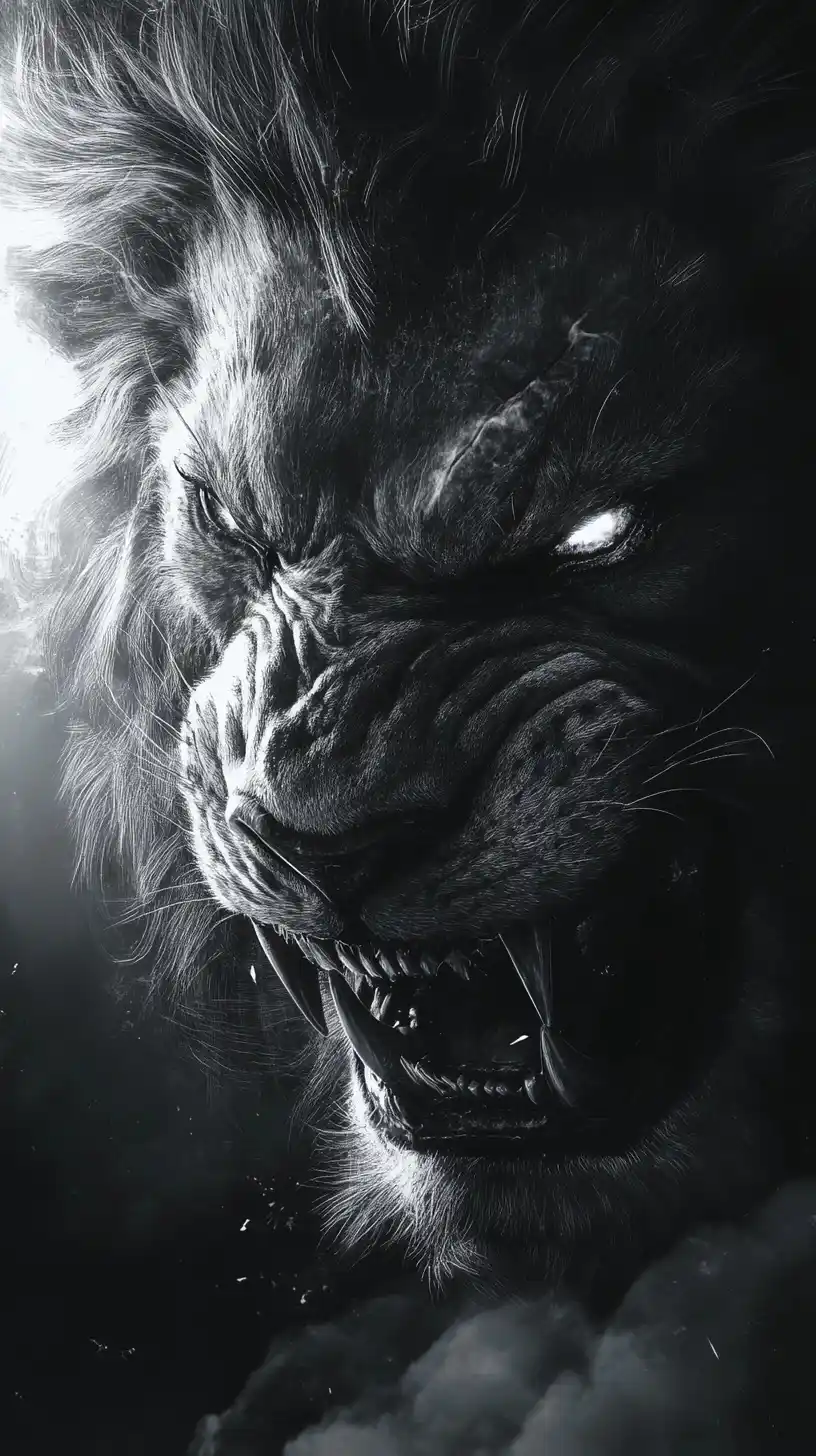 Snarling Lion Portrait Monochrome