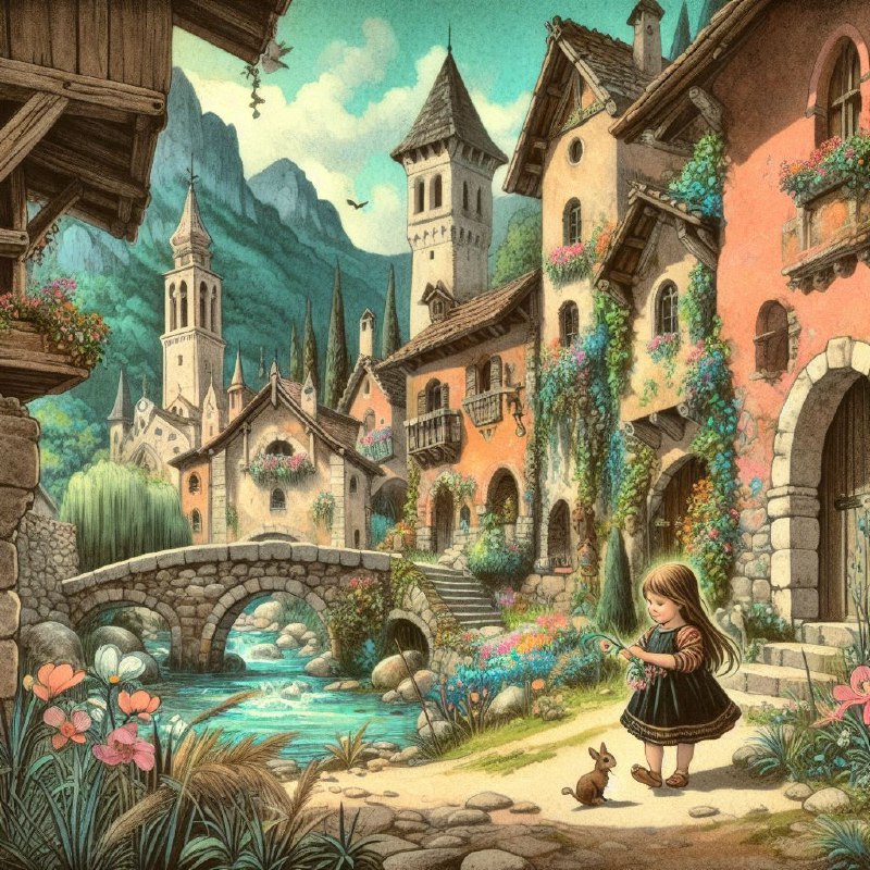 Medieval Italian Village Fairytale Child Art