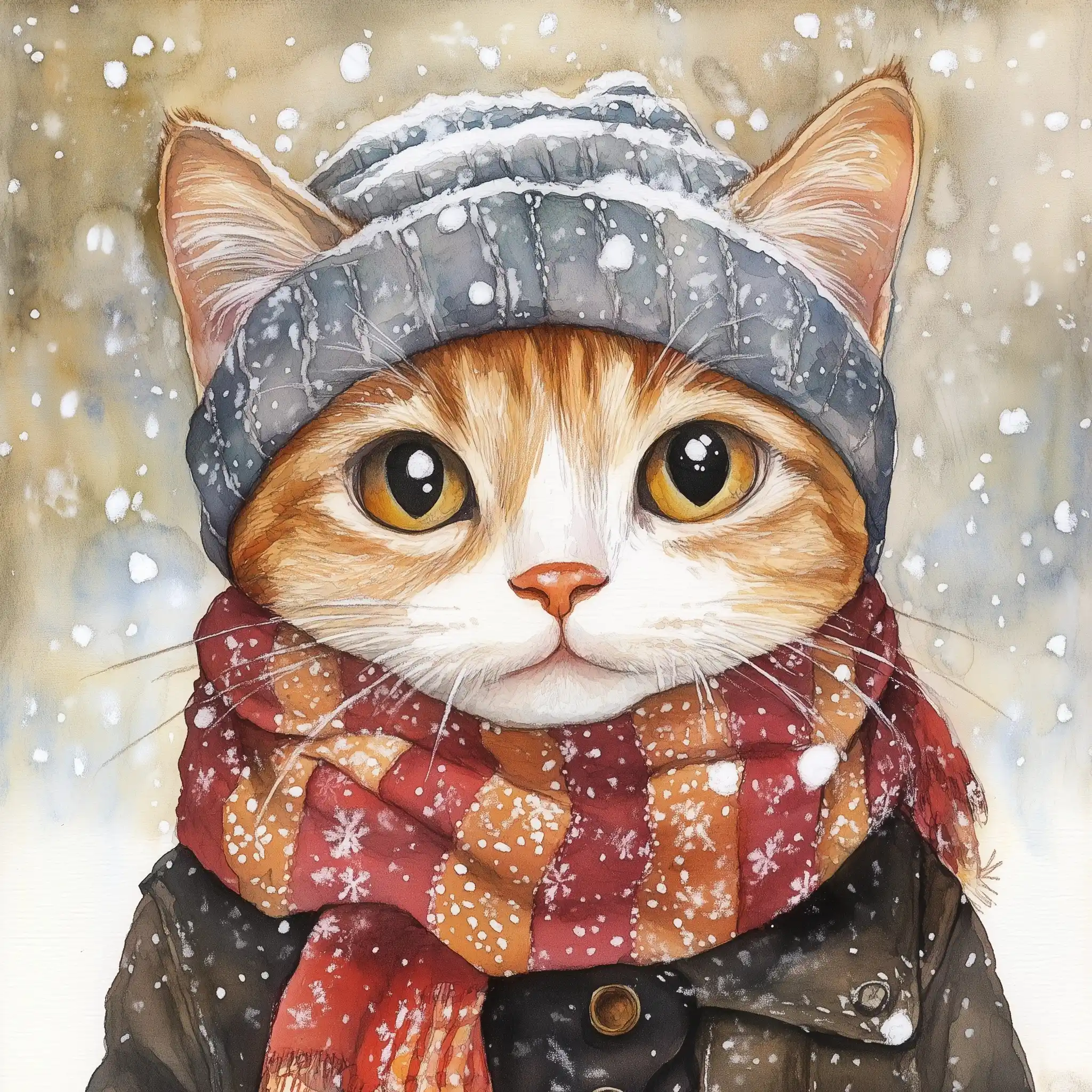 Watercolor Singapura Cat Winter