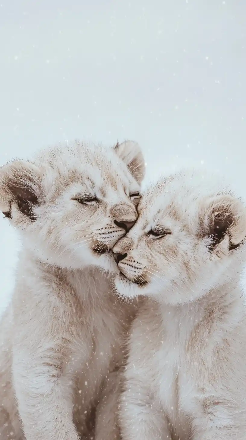White Lion Cubs in Snow