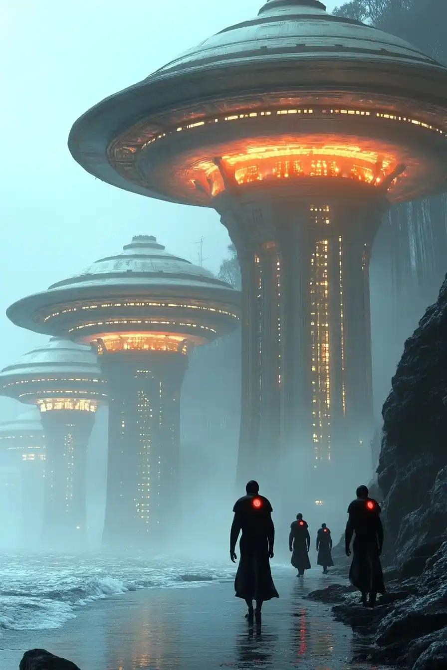 Futuristic UFOs Over Ocean