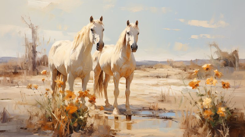 Horses Near Cottage Stable Monet Style Painting