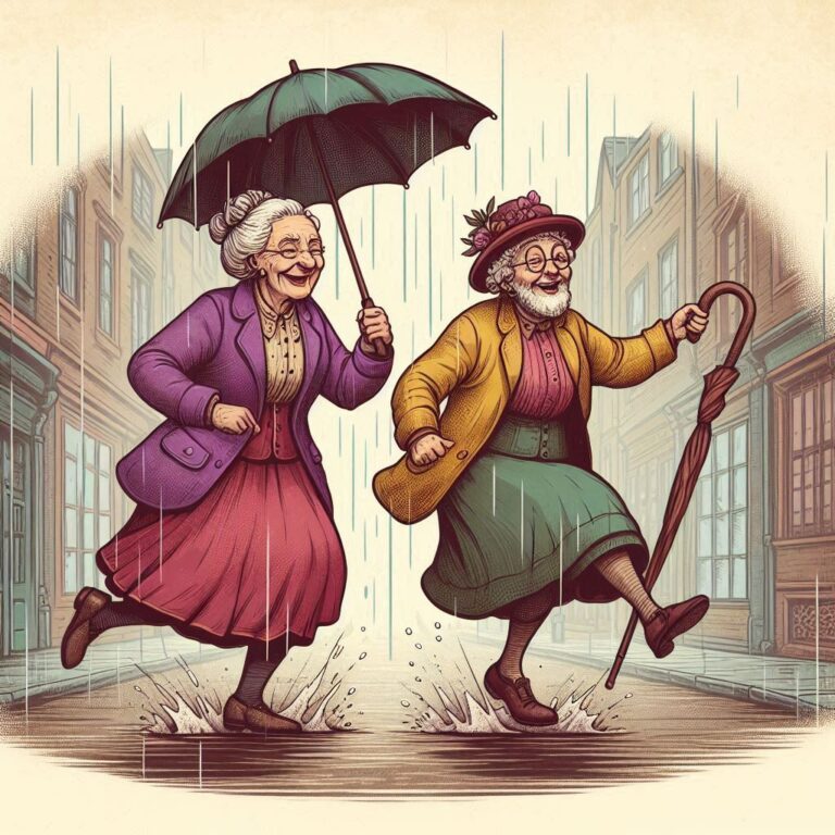 Two Old Ladies Skipping Through Rain With Umbrella