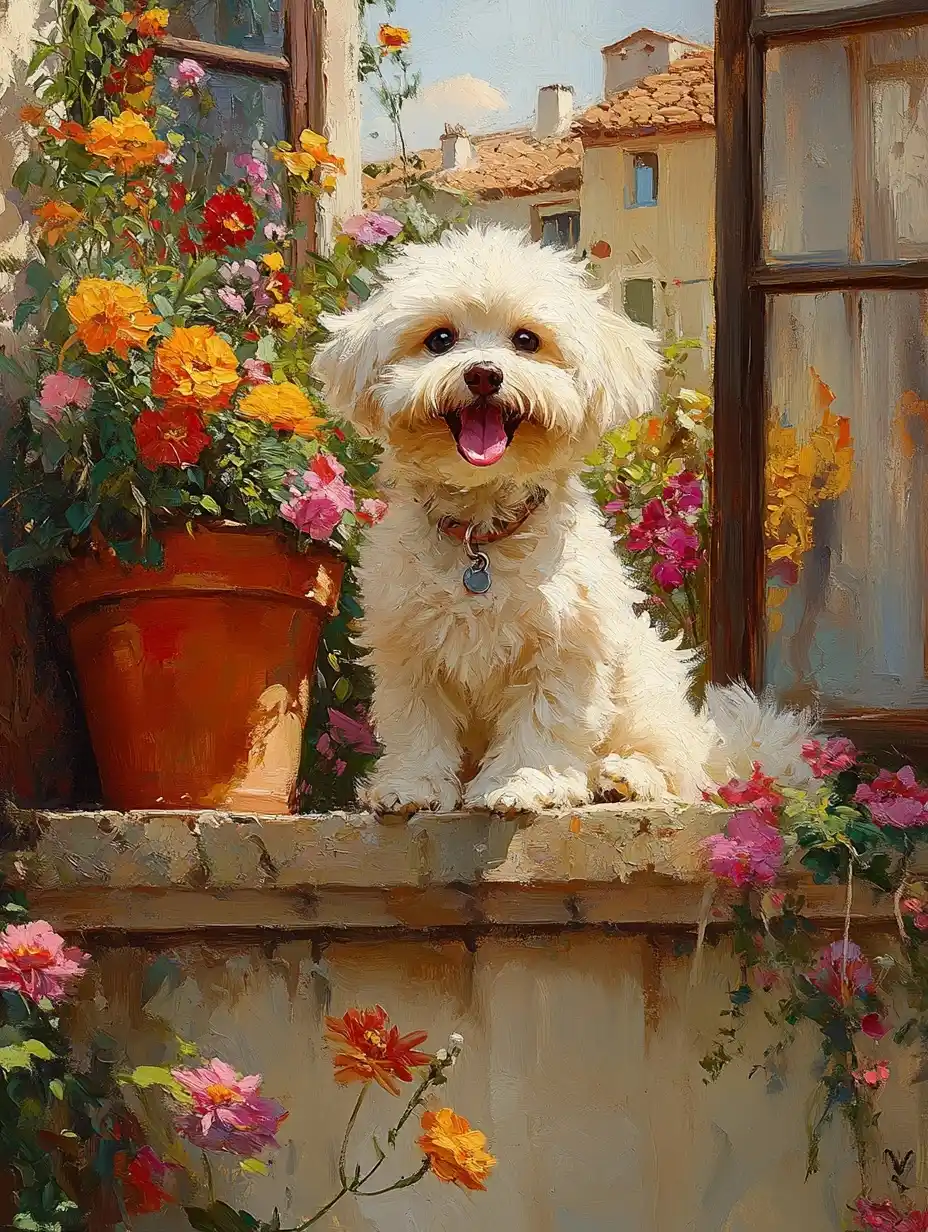 Bichon Frise in Courtyard