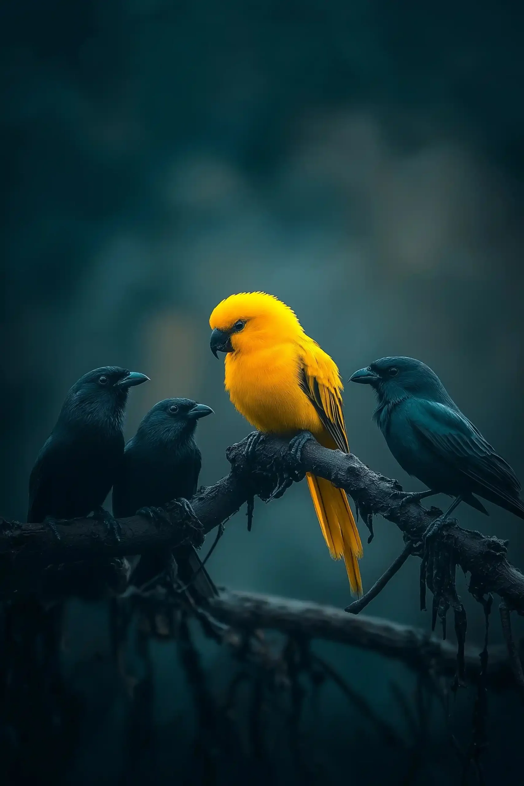 Lonely Yellow Bird Amidst Black Birds