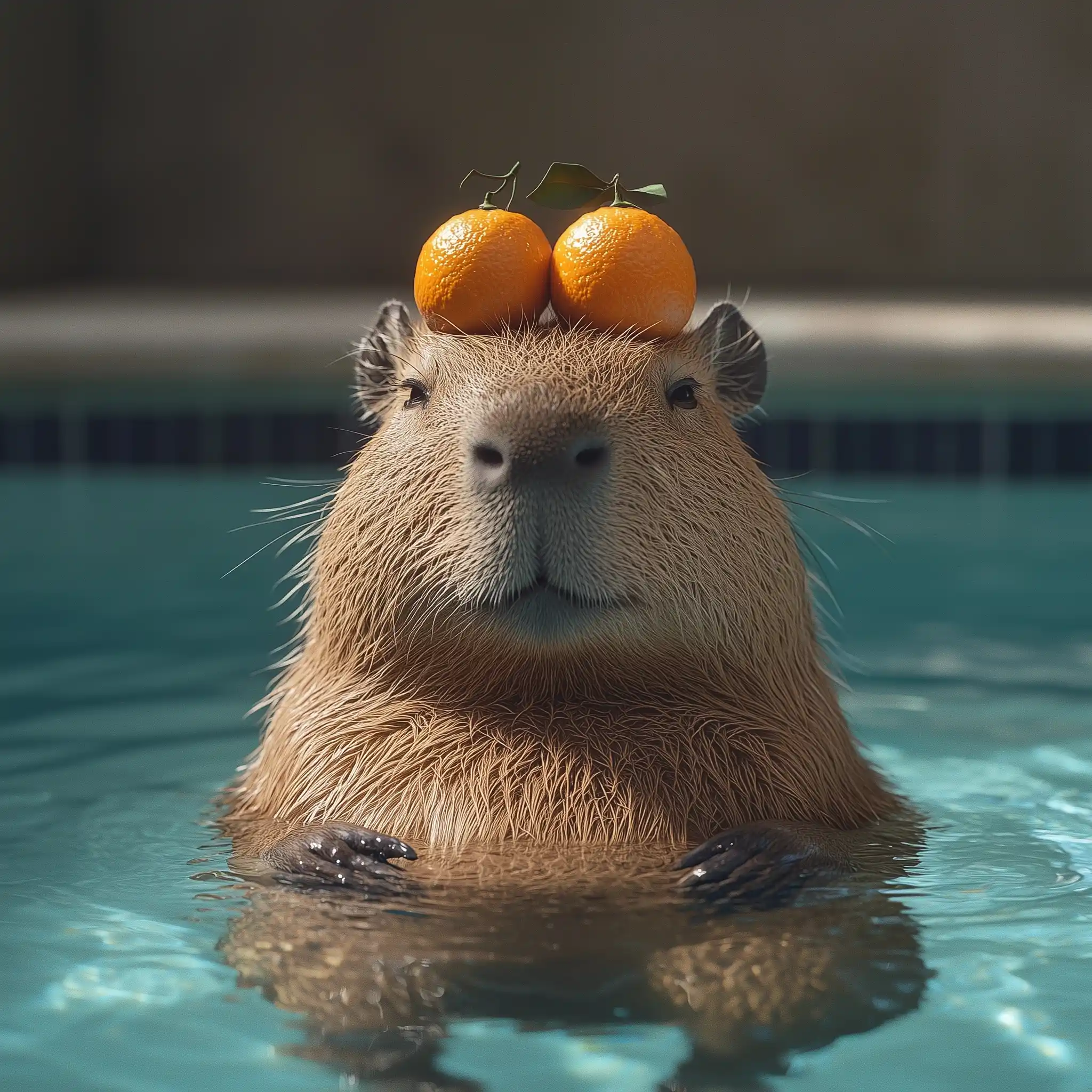 Capybara Poolside with Oranges