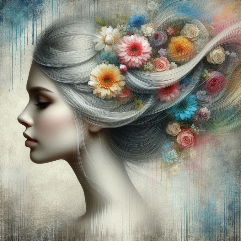 Pale Female Profile With Flowers in Silky Hair