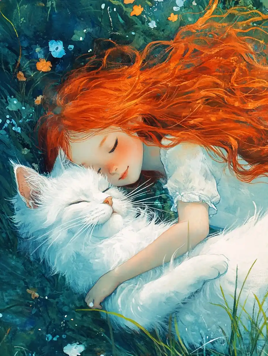 Watercolor Girl with Cat
