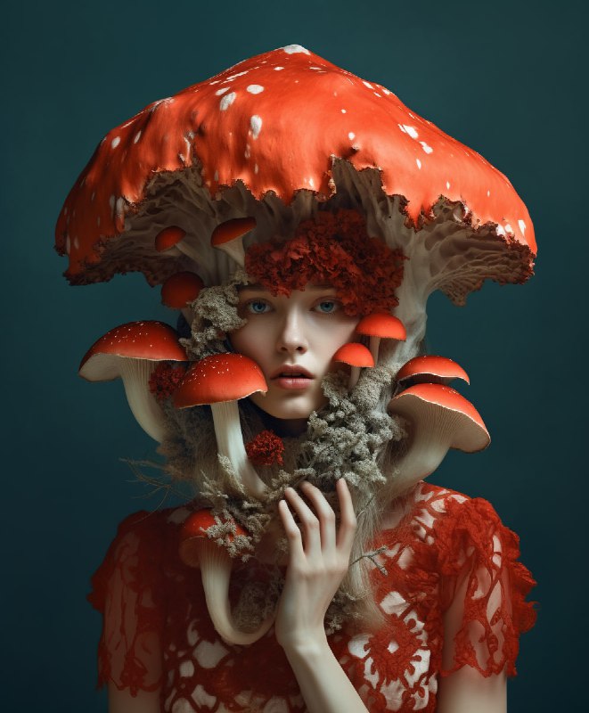 Creepy Fly Agaric Mushroom Head Woman Photo