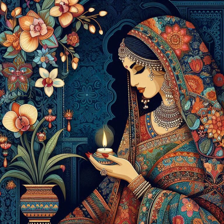 Indian Lady in Traditional Dress With Orchid Motifs