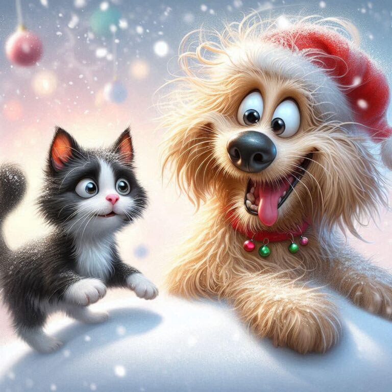 Playful Christmas Scene with Dog and Kitten
