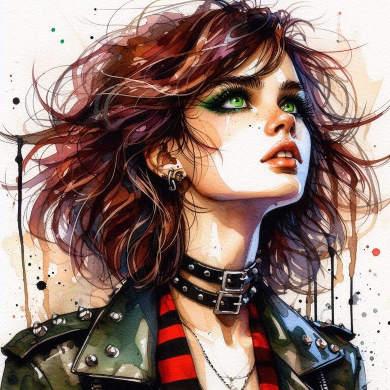 Rock Star Girl With Green Eyes Grunge Watercolor