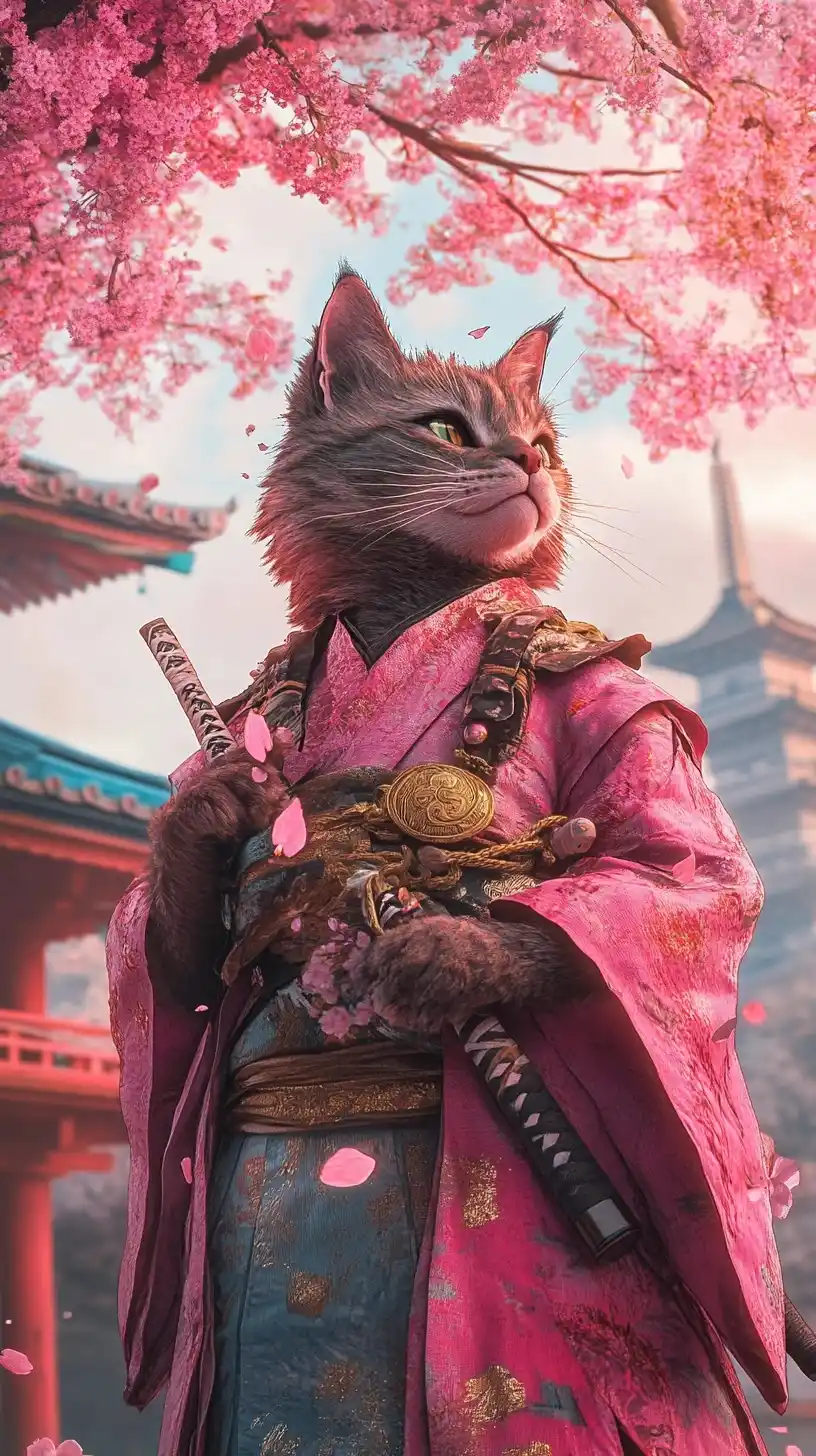 Samurai Cat Under Cherry Blossoms
