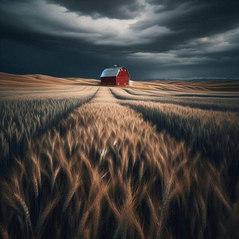 Red Barn in Wheat Field Under Stormy Dark Sky