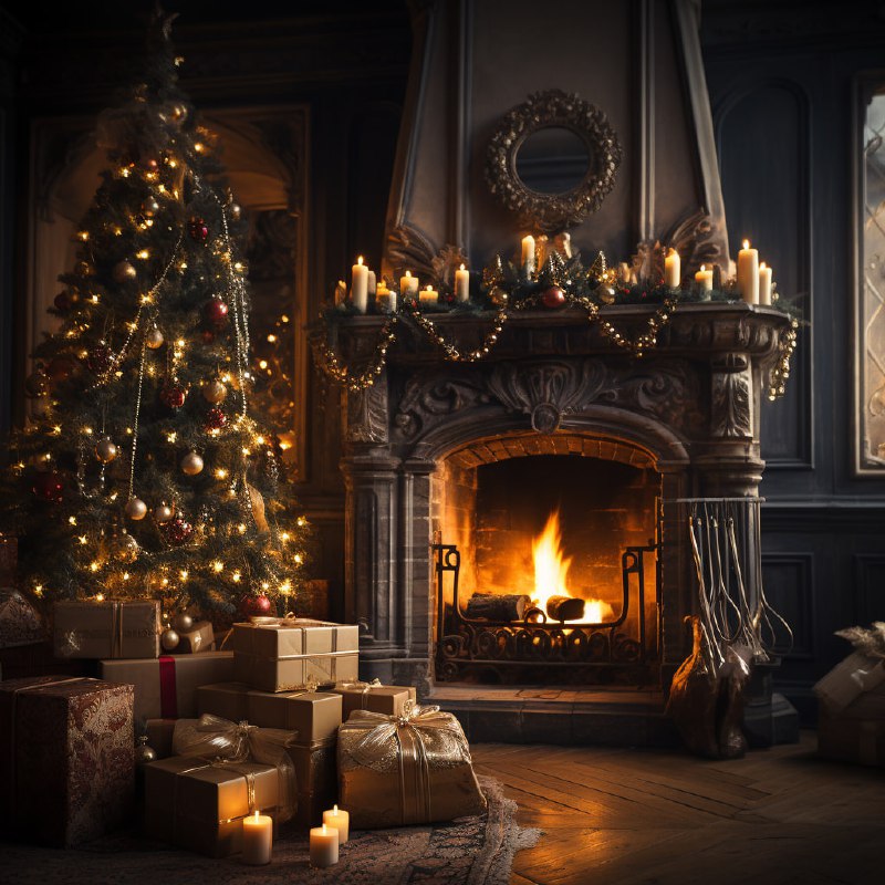 Christmas Living Room With Tree and Fireplace