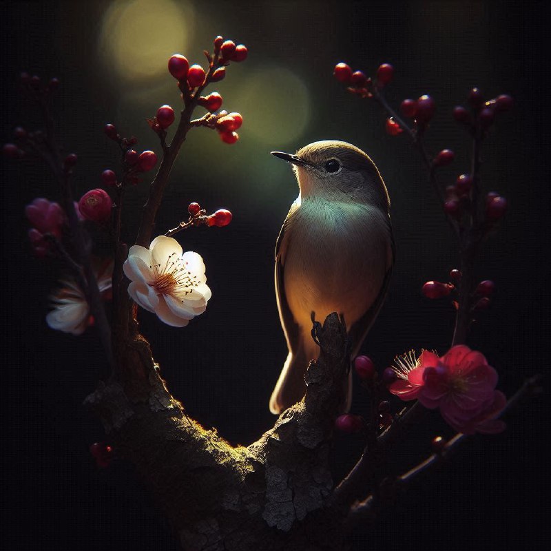 Bird With Single Flower on Black Forest Backdrop