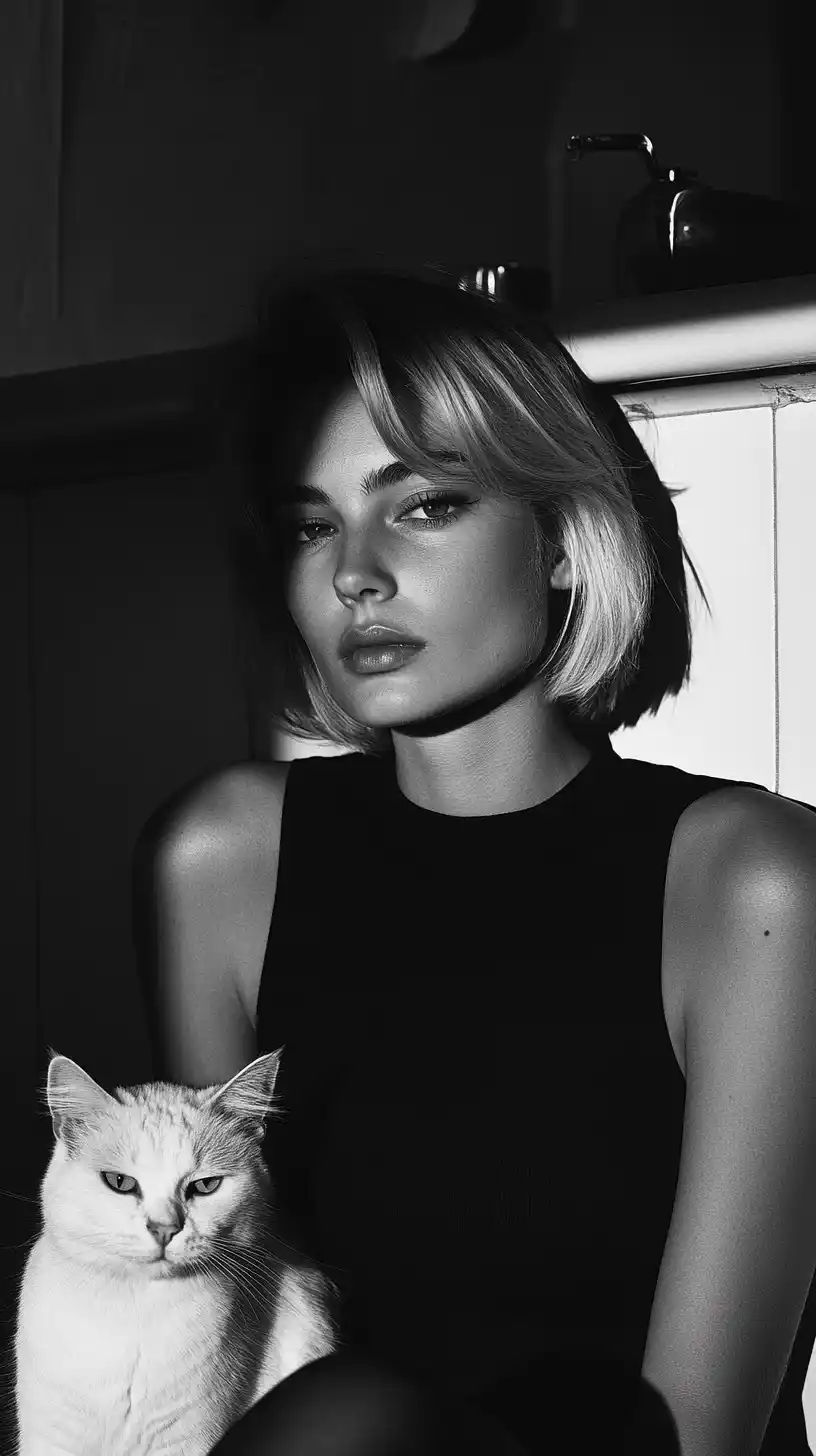 Grayscale Woman with Cat