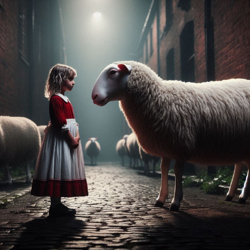 Sheep Facing English Girl in Dark Old Street