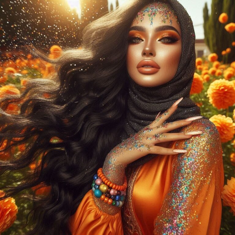 Moroccan Woman in Sparkling Orange Hijab Garden