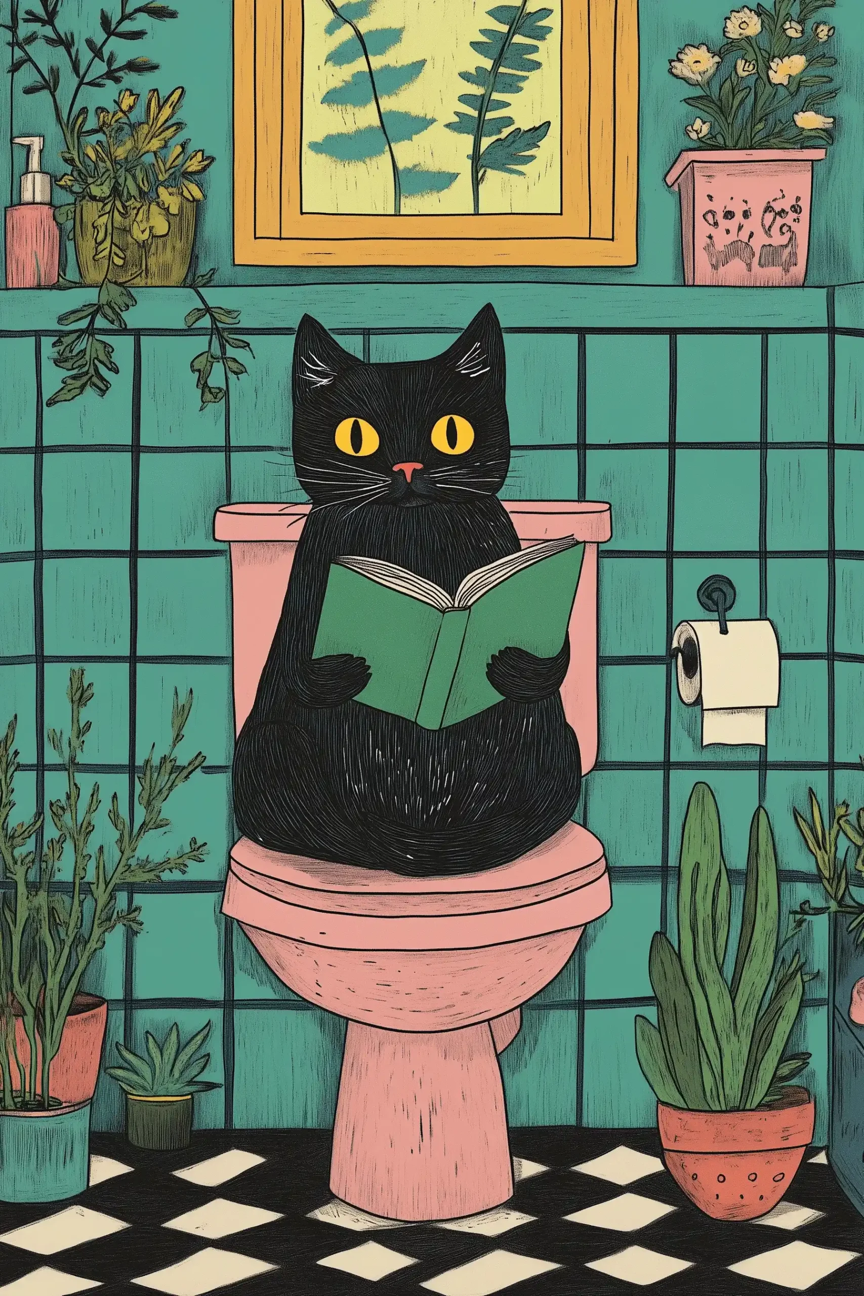 Whimsical Cat Reading Bathroom