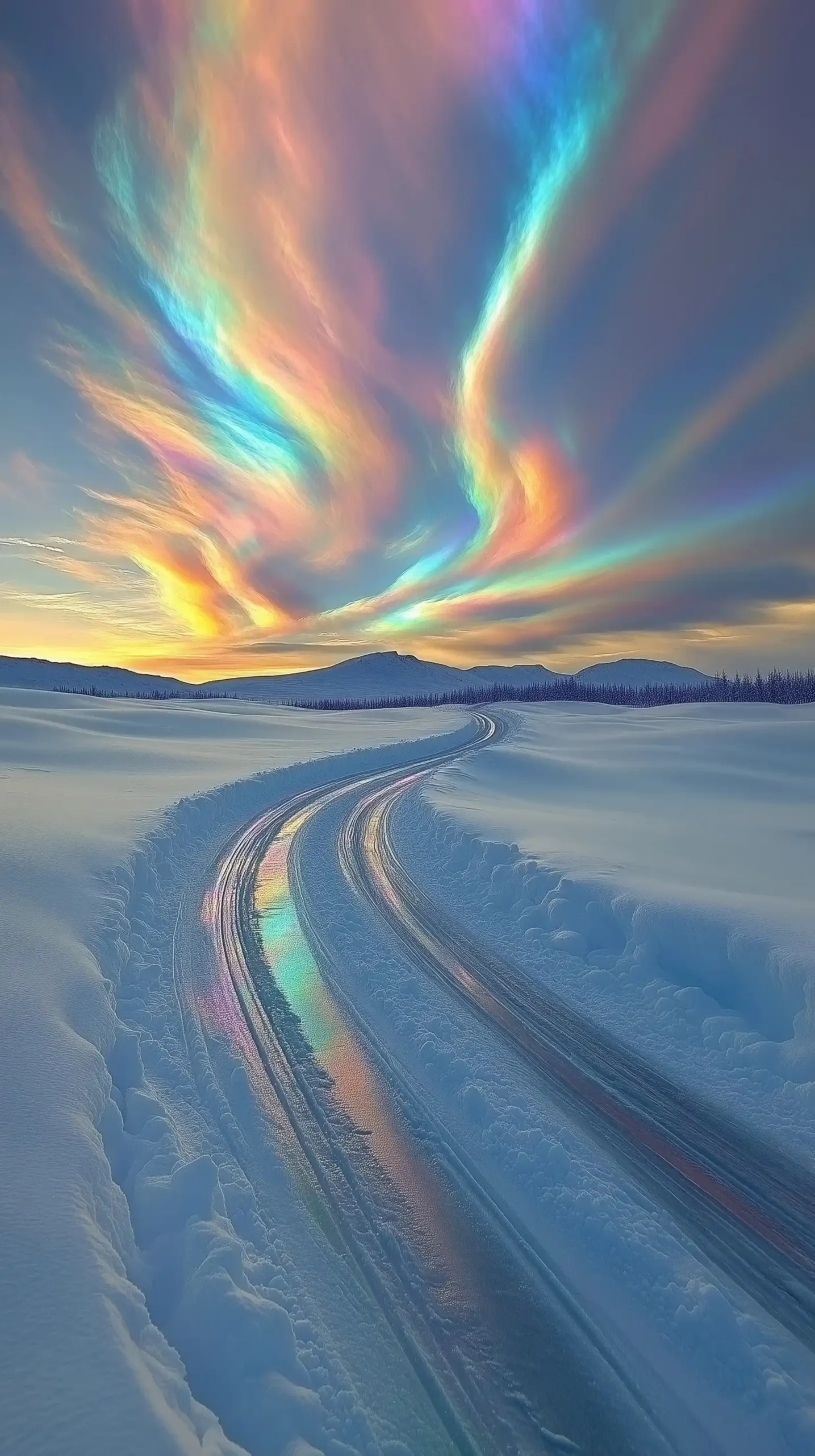 Iridescent Clouds Over Snow Trees