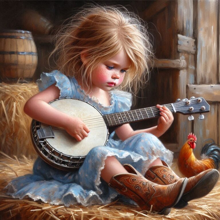 Freckled Girl Playing Banjo on Hay Bale