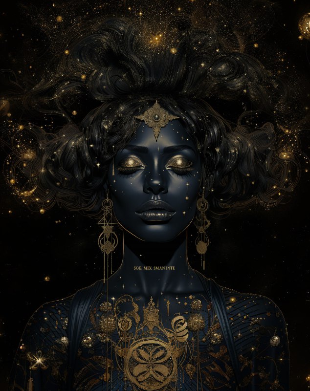 Dark-Skinned Woman Under Stars Golden Age Glitter Art