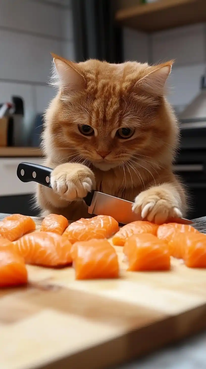 Cat with Knife Cutting Fish