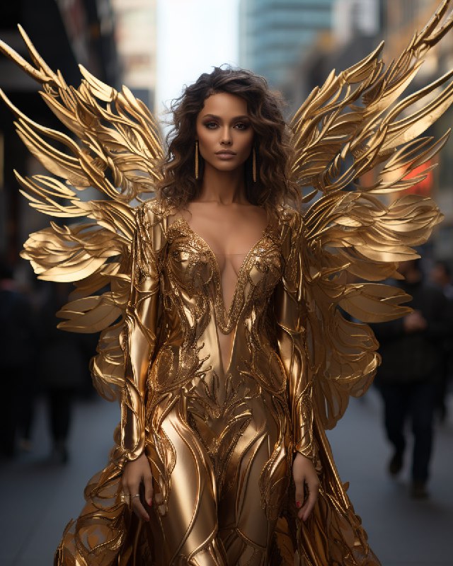 Woman in Gold Garments Angelic City Sculpture Photo